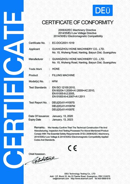 চীন Guangzhou Hone Machinery Co., Ltd. সার্টিফিকেশন